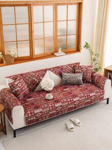 1pc Bohemian Style Geometric Embroidery Sofa Cover, Modern Couch Protector Against Cat Scratching, Suitable For Bedroom, Office, Living Room, All Seasons - Red - View 5