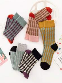 5 Pairs Retro British Style Jacquard Patterned Mid-Calf Socks, Versatile For All Seasons - Multicolor - View 4