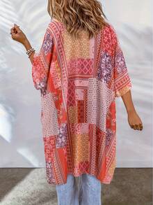 Patchwork Floral Print Kimono Top Plus Size Women Spring Summer Beach Side Split Cover Up - Multicolor - View 2