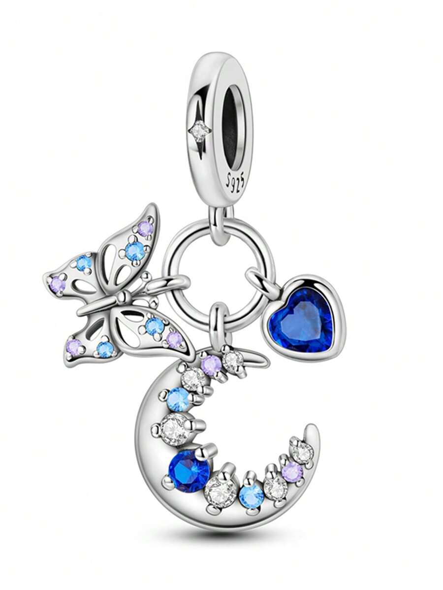 Silver Plated Charm Butterfly Moon Love Zirconia Animal Series Blue Pendant Charm Pendant Ball Suitable For Bracelets DIY Women's Jewelry - Silver - View 1