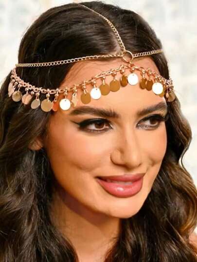 1 قطعة سلسلة رأس مرصعة بالراين الذهبي على الطراز العربي، إكسسوار شعر فاخر للعروس، مناسب للنساء في المناسبات والتجمعات والأداء