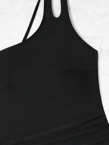 2pcs/Set New Cross-Border Swimwear, One Shoulder High Elasticity Tankini With Adjustable Strap And Mini Skirt Summer - Black - View 6