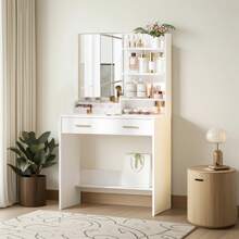 HEXCELEN Dressing Table With Mirror, Dressing Table With 4 Open Shelves And 2 Compartments, Dressing Table With 2 Drawers, For Bedroom, Living Room - White - View 4