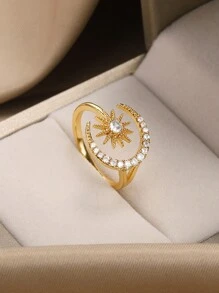 Gold Color Star Moon Zirconia Ring For Women Aesthetic Adjustable Open Finge Ring Jewelry Accessories ﻿