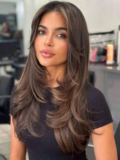 22 Inch Brown Highlight Long Layered Synthetic Wig For Women Middle Part Natural Looking Black Brown Wig For Girl Daily Party Wear