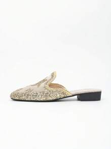 Gold, Silver, Black Glitter Star Decor Square Toe Mules Women, Low Heel Slip-On Mesh Breathable Closed Toe Backless Flat Slide Sandals For Summer Dresses