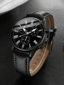 1 Stück Herrenleder Gürtel Lässig Sport Römische Skala Klassische Quarz Armbanduhr, ohne Uhrenetui