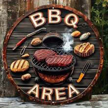 1 Biển báo tròn bằng kim loại lấy cảm hứng từ phong cách cổ điển cho khu vực nướng thịt, có hình ảnh bít tết và dụng cụ, chủ đề tiệc nướng ngoài trời cho quán bar/quán cà phê/sân sau cổ điển - Nhiều màu - Xem 2
