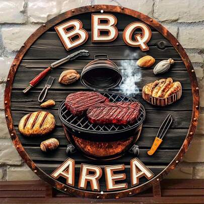 1pc Round Metal Barbecue Area Retro-Inspired Sign, With Steak And Tool Imagery, Barbecue Theme Outdoor Decor For Vintage Bar/Cafe/Backyard Patio