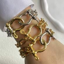 1条 STYLEVER 双色链条手链，带扣手链，螺丝手链，金色马蹄形吊坠手链，U形吊坠手链，不锈钢链 - 金黃色 - 查看 2