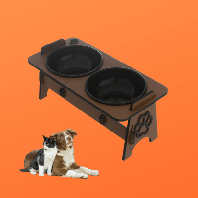 Comedouro Pet Reforçado Para Gato Cachorro Pequeno Porte Mdf Elevado Cão e Gato 2 Tigelas Duplo