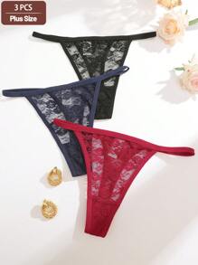 3pcs Plus Size Women's Sexy Lace Design Lingerie Set, Comfortable Solid Color Panties, Valentine's Day Theme - Multicolor - View 3