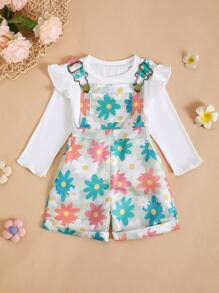 Baby Girl White Top + Colorful Floral Print Overalls Shorts Set, Cute Casual Outdoor Sports Outfit