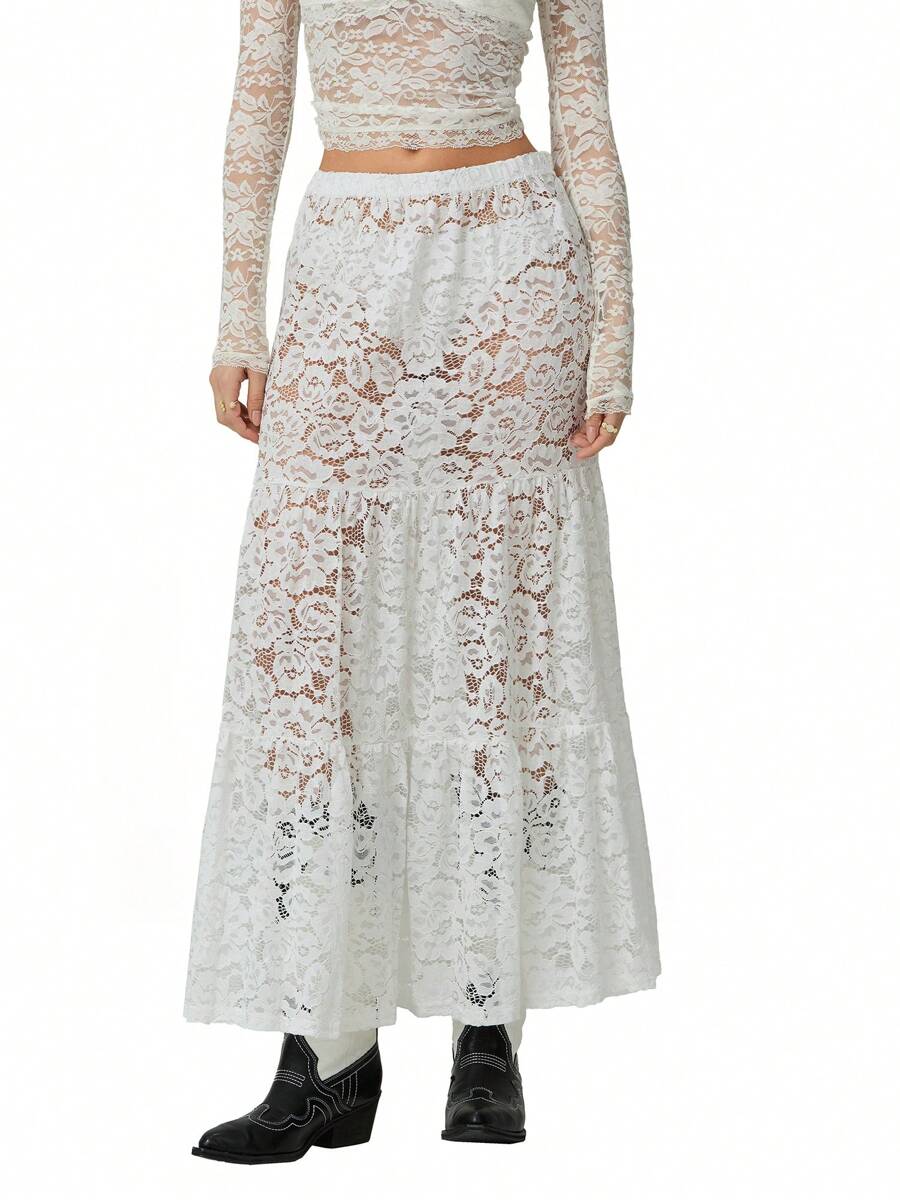 Women's Summer Casual Transparent Lace Skirt Elastic A-Line Skirt Suitable For Beach Vacation Street Wea