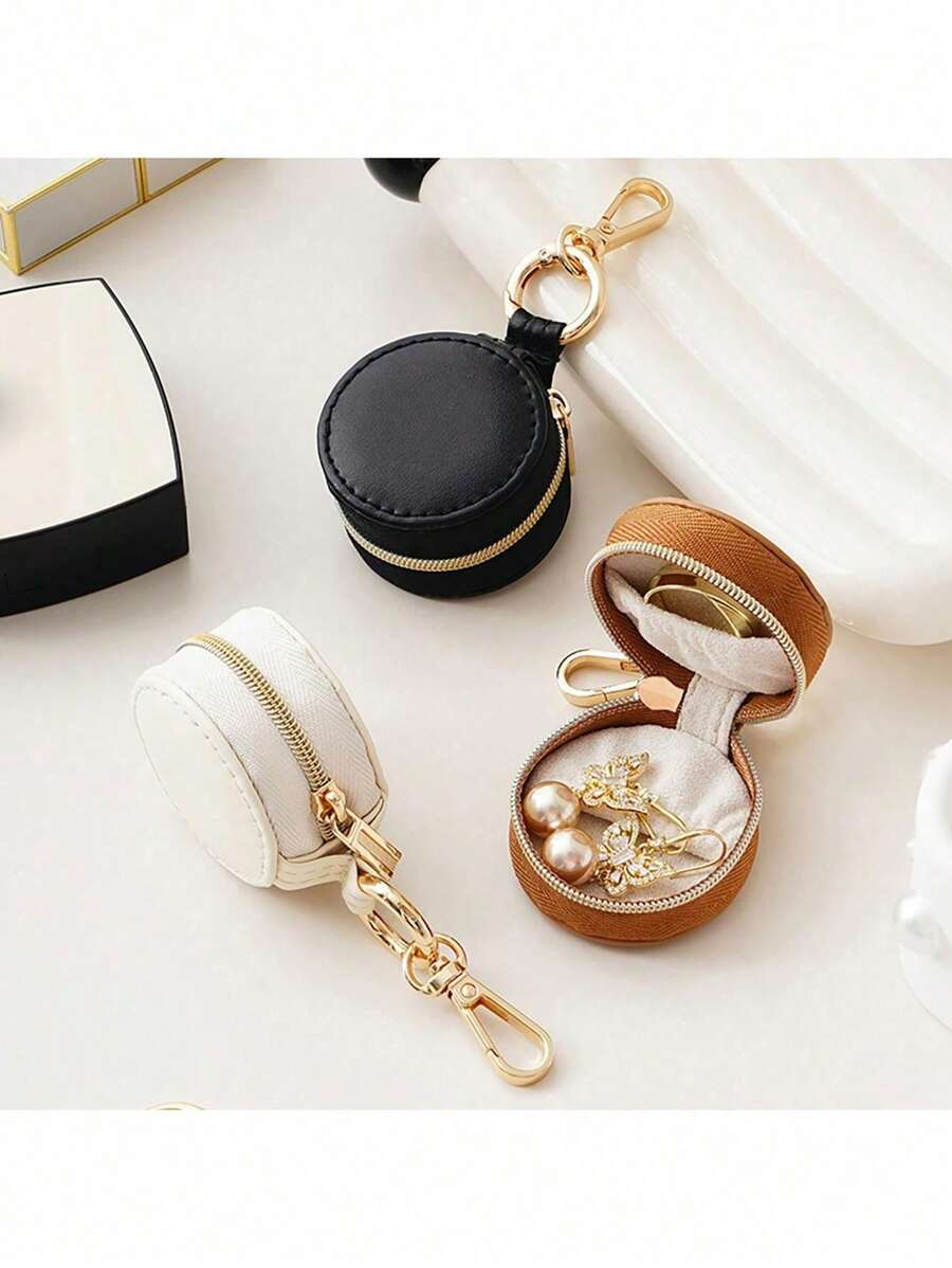 1 件别致迷你悬挂式珠宝盒 PU 皮革，防水收纳盒，适用于戒指、耳环、项链和化妆品配件，带装饰拉链，珠宝礼品盒 - 彩色 - 查看 1