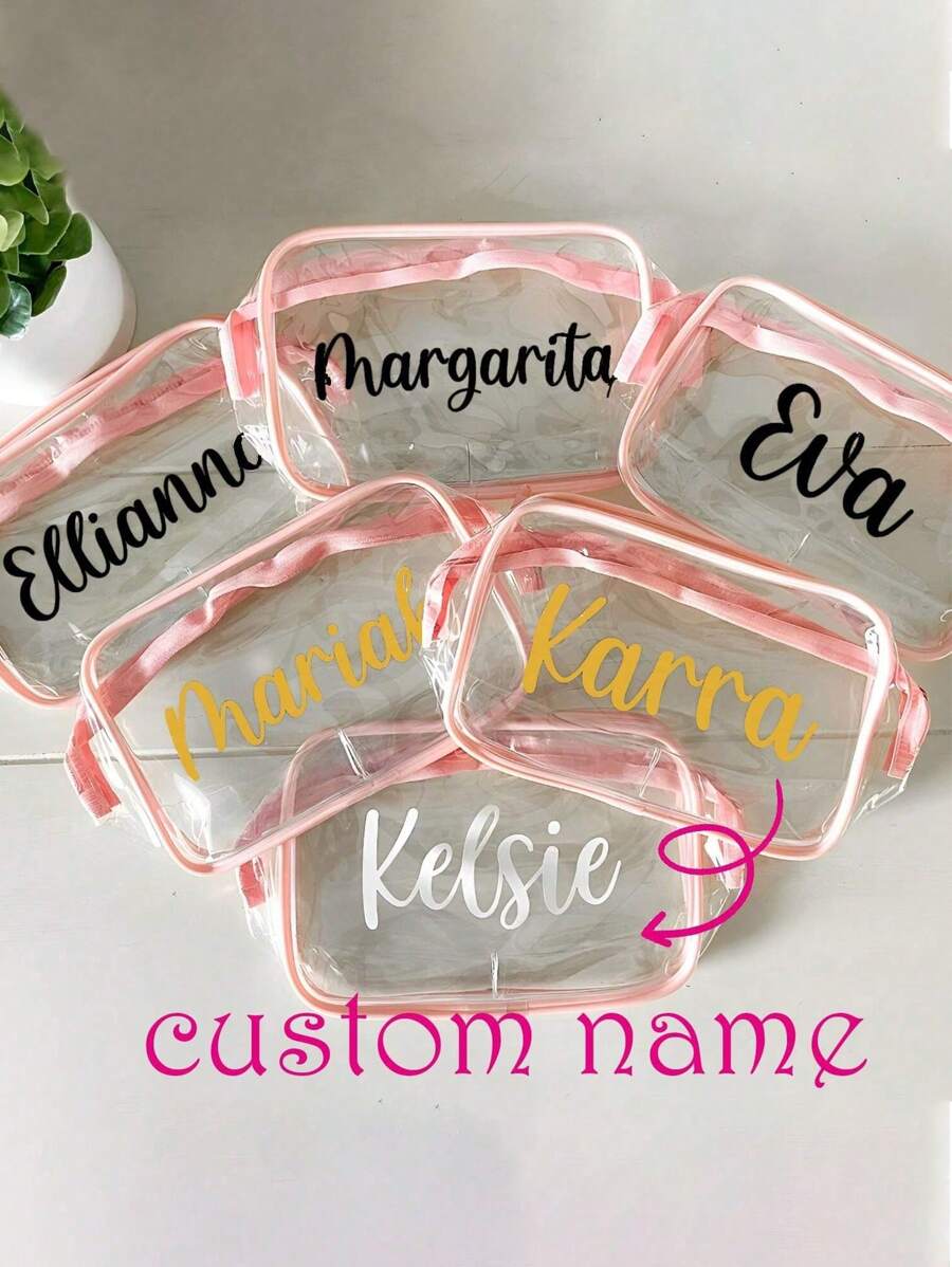 1pc Minimalist Clear Customized Name Cosmetic Makeup Bag For Home & Travel - Pink - View 1