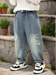 Young Boy Spring Fashion Ripped Distressed Embroidery Pocket Denim Jeans Pants - Baby Blue - View 3