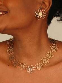 3 pièces Ensemble de bijoux Boucles d'oreilles à clous fleur en fil de métal doré, Collier ras-du-cou floral épais pour femmes