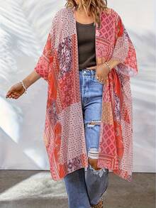 Patchwork Floral Print Kimono Top Plus Size Women Spring Summer Beach Side Split Cover Up - Multicolor - View 3