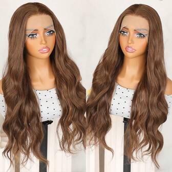 13x4 Ombre Brown Blonde Highlights Color Synthetic Lace Front Wig Pre Plucked Baby Hair Natural Hairline HD Lace Long Loose Wave Colored Frontal Lace Replacement Wigs Wavy For Women Daily Party Vacation Use 28 Inch 180% Density Heat Resistant Fiber