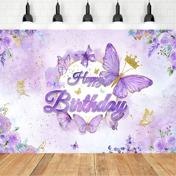 1pc Fairy Princess Purple Butterfly With Crown Birthday Background Banners - Celebrations And Parties, Photographic Backgrounds For Showers, Polyester Banner Decorations, Home Decor, Room Decor, Wall Decor, Party Background Decorations, Party Decorations/Supplies/Gifts
