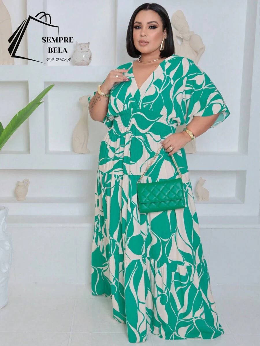 Plus Size V-Neck Long Short Sleeve Dress - Ước tính Cờ Xanh. - Xem 1