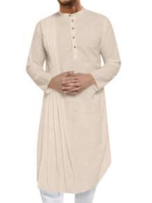 Runcati Men's Kaftan Thobe Cotton Linen Henley Shirt Long Sleeve Robe Casual Muslim Kurta Gown - Màu be - Xem 2