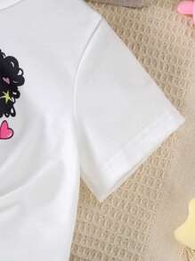 2 件套年轻女孩卡通女孩印花荷叶边下摆圆领短袖上衣和牛仔效果舒适时尚短裤，夏季 - 白色 - 查看 5