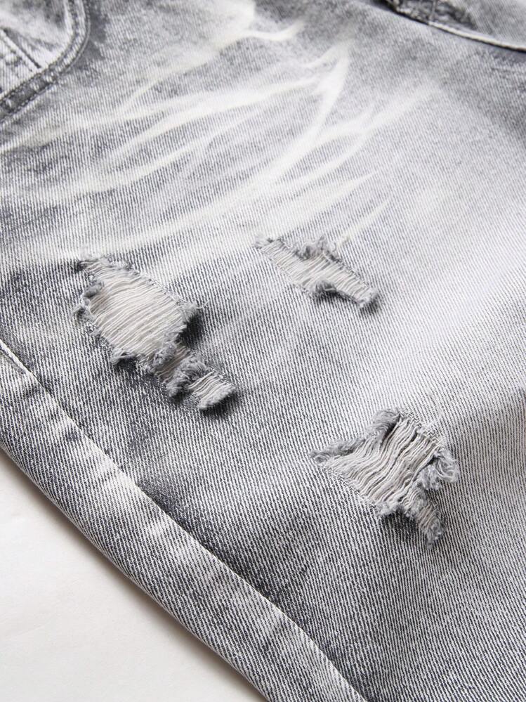Men's Gray Mustache Print Slim Fit Straight Leg Mid-Length Denim Shorts Jorts - Grey - View 2