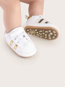 1双幼儿男童撞色PU魔术贴平底休闲鞋，适合春秋季穿着 - 金色 - 查看 4