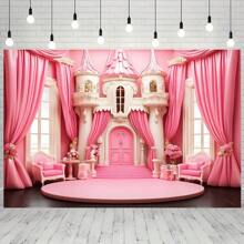 1 Pc Pink Princess Castle Polyester Backdrop Banner - Multipurpose, Powered-Free, Suitable For Wedding, Birthday, Anniversary, Room & Garden Decor, Indoor/Outdoor Use, Photography Wall Decor, Live Streaming Background, Yard Decor, Easy To Set Up