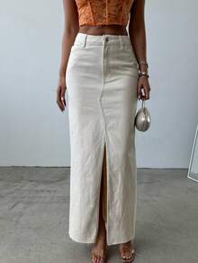 SQUALO Women's Flared Denim Skirt With Slits And Pockets In A Washed-Out Effect - White - View 4