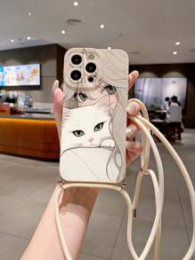 1个女孩猫咪相机装饰防震手机壳，带挂绳，兼容苹果、三星、Infinix、红米、OPPO、vivo、realme等品牌，国际版，非国内版 - 米色 - 查看 4