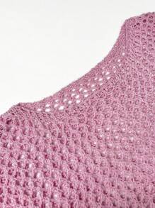 Women Solid Color Crew Neck Long Sleeve Casual Hollow Out See-Through Knit Sweater