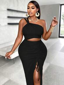 BIUBIU Women's Plus Size Sexy One Shoulder Twist Cut Out Tie-Front Ruched Split Thigh Vacation Dress - Black - View 4