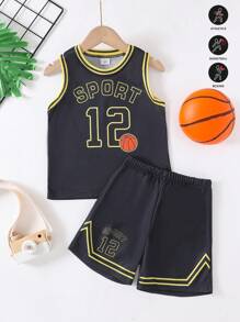 2pcs Boys' Casual Numeric Print Sports Set - Top And Shorts, Spring/Summer - Black - View 1
