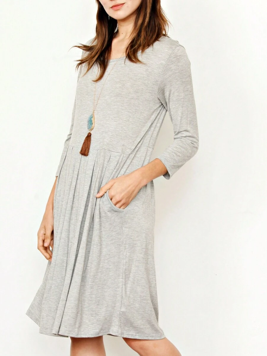 Boho Retro Rayon Cool Soft Summer Cuff Short Sleeve Crew Neck T Shirt Mini Dress Tunic With Pockets - 淺灰色 - 查看 1