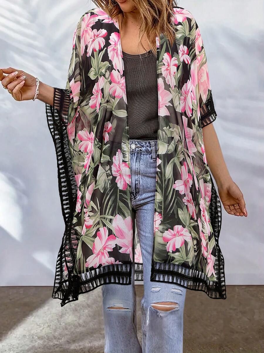 Plus Size Floral Print Side Split Open Front Cover Up Kimono, For Summer Beach Vacation - Multicolor - View 1