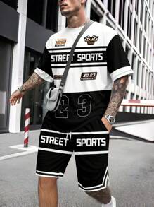Men's Minimalist Letter Print Short Sleeve T-Shirt And Shorts 2pcs Sports Suit Set