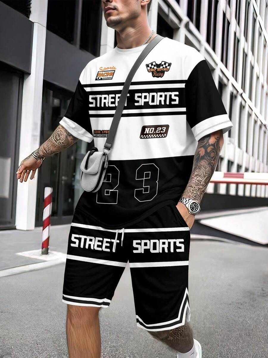 Men's Minimalist Letter Print Short Sleeve T-Shirt And Shorts 2pcs Sports Suit Set