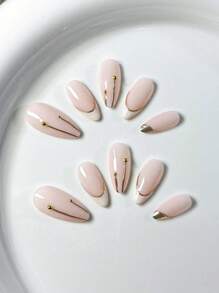 10 cái/gói cao cấp làm thủ công nhiều màu sắc bạc sáng bóng thiết kế móng tay hạnh nhân kiểu Pháp, thích hợp cho mùa thu/đông và năm mới, dụng cụ làm móng - Hồng - Xem 4