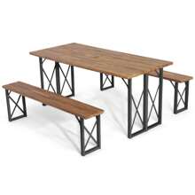 6-Person Outdoor Picnic Table & Bench Set Garden Wood Dining Table - Black - View 10