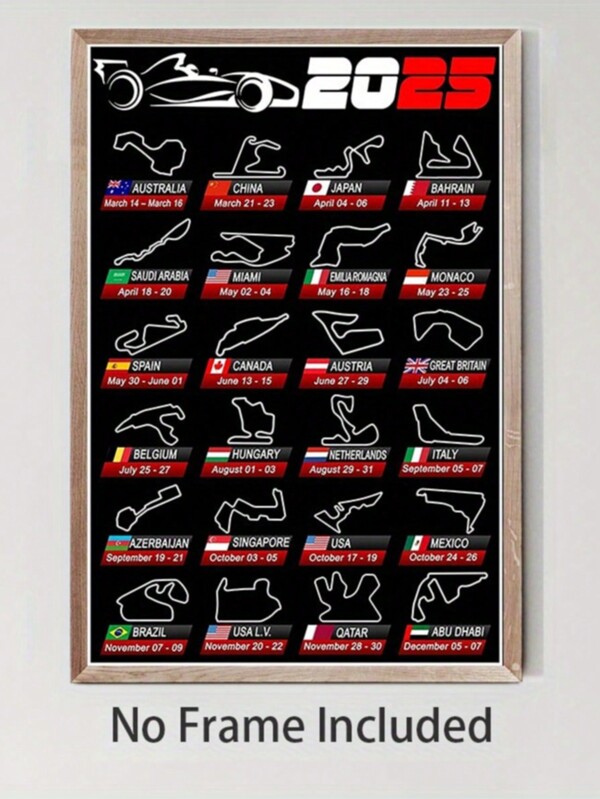 1 peça de pintura em tela com um calendário de carros de corrida de Fórmula 2025, pôster esportivo, pôster de piloto de F1, decoração de moto esportiva, arte de parede para dormitório masculino, decoração de dormitório, pôster de corrida de Grand Prix, decoração de arte criativa grande para bares de dormitório, decoração de parede em tela, arte de parede interessante, arte decorativa de parede, arte de pintura a óleo em tela, arte de parede criativa. Moldura opcional.