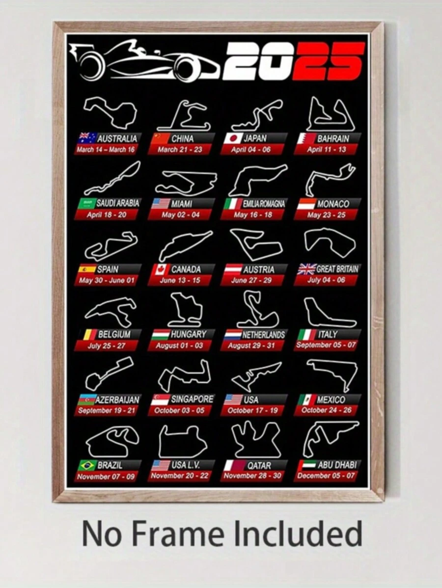 1pc Canvas Painting Featuring A Calendar Formula Race Cars 2025 Circuits Sports Poster, F1 Racing Driver Poster, Motorcycle Sports Car Decor, Wall Art For A Male Dormitory, Dormitory Decoration, Grand Prix Racing Poster, Large Creative Art Decor For Dorm Bars, Canvas Wall Decor, Interesting Wall Art, Decorative Wall Art, Canvas Oil Painting Art, Creative Wall Art. Optional Frame - A - View 1