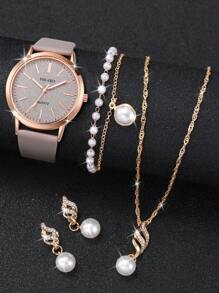 Women's Leather Strap Minimalist Casual Matte Dial Classic Elegant Quartz Watch + Pearl Jewelry Set (5pcs/Set) Watch Box Not Included - Grey - View 3