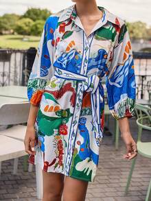 Women Abstract Graffiti Placement Print Short Dress - Multicolor - View 2