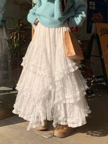 French Style Lace Flare Ruffle Skirt, High Waist Slimming Fairy Multilayer Asymmetrical Ditsy Floral - White - View 2