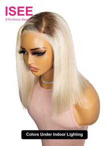 ISEE Peluca con lace frontal de cabello humano liso con mechas rubias doradas, longitud de 10-14 pulgadas, 180% de densidad, uso diario para mujeres, sin pegamento, con línea de implantación natural, pre recortada - S5/613/24 - Ver 2