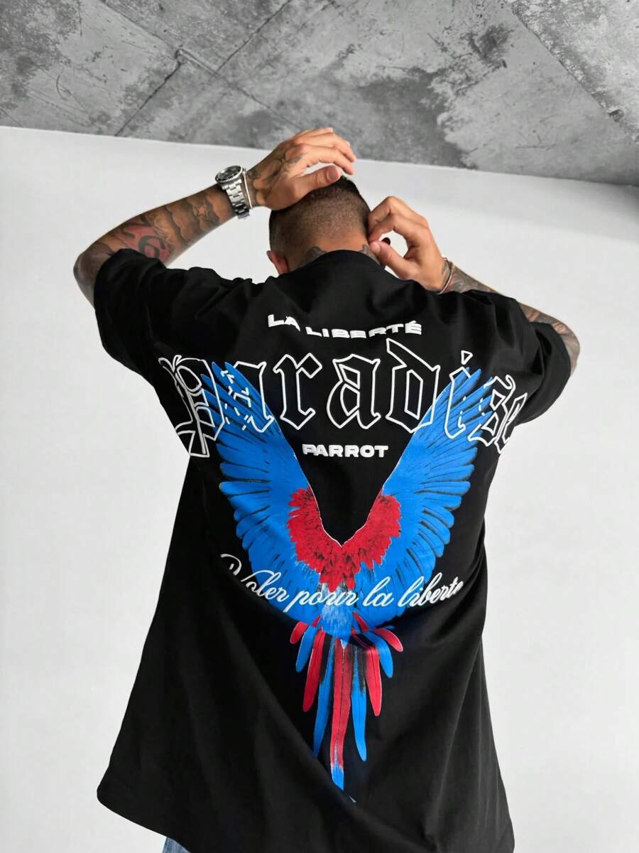 Camiseta de manga corta de cuello redondo con estampado de letras, camiseta casual de manga corta para estudiantes - Negro - Ver 1