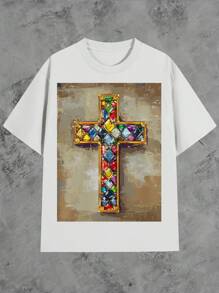 Mysterious Mask Design 100% Cotton Men's Printed T-Shirt Crew Neck Short Sleeved 220g Street Style Graphic Tee Soft And Comfortable Ideal For Casual Outings - 白色 - 查看 1